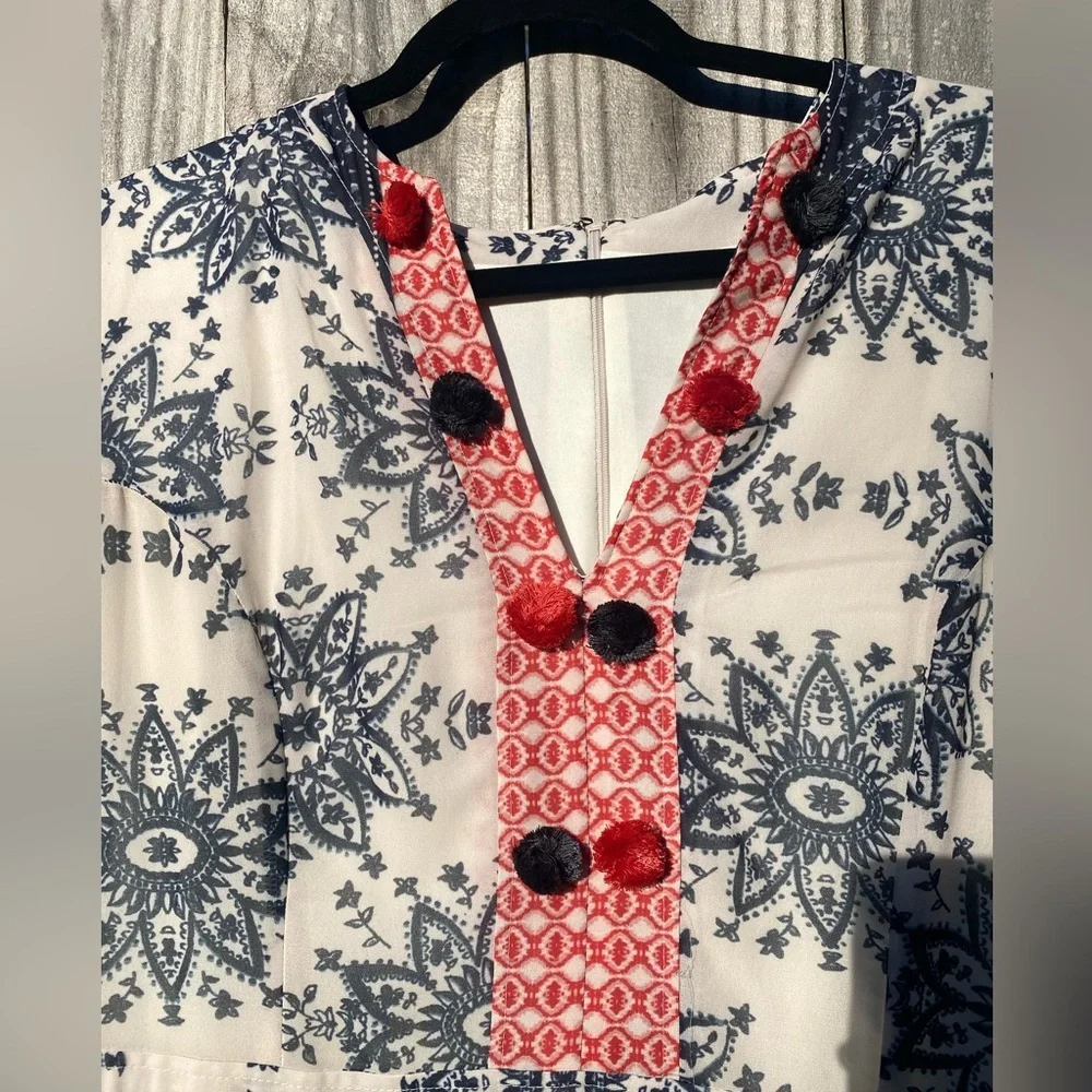 Boho Maxi Dress in Cream with Navy & Coral Accents
